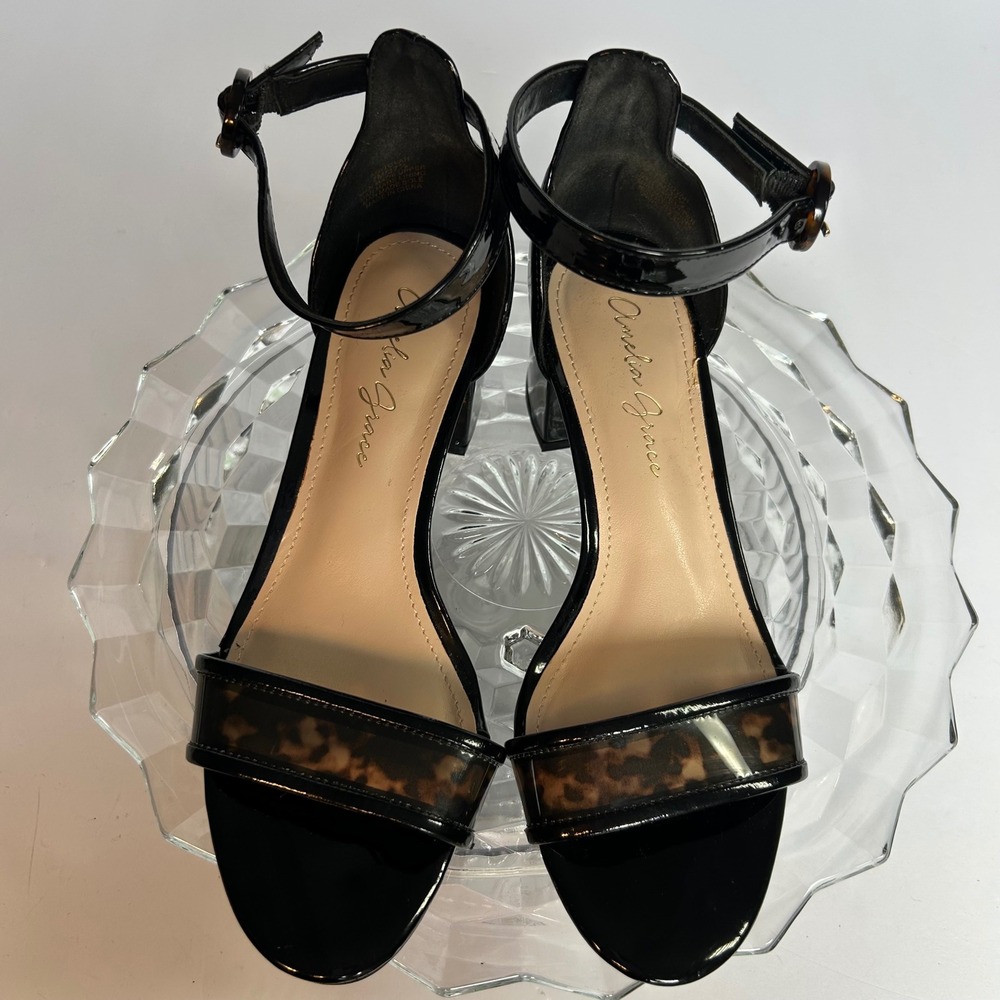Amelia Grace Black Tortoise Ankle Strap Block Heel Dress Sandals‎